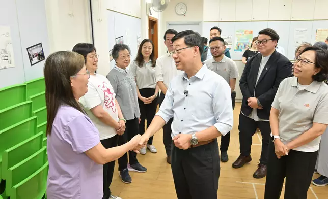 The Chief Executive, Mr John Lee, visited Sham Shui Po District today (August 26) to gather public views on Policy Address. Photo shows Mr Lee (centre), accompanied by the Secretary for Home and Youth Affairs, Miss Alice Mak (first right), visiting an elderly centre and interacting with the centre users. Source: HKSAR Government Press Releases