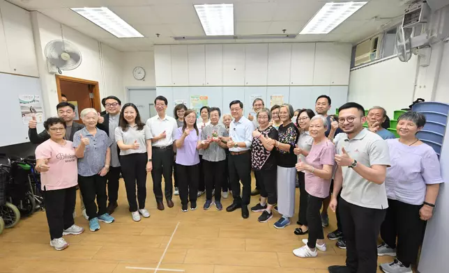The Chief Executive, Mr John Lee, visited Sham Shui Po District today (August 26) to gather public views on Policy Address. Photo shows Mr Lee (front row, sixth right), accompanied by the Secretary for Home and Youth Affairs, Miss Alice Mak (front row, third right), visiting an elderly centre and interacting with the centre users. Source: HKSAR Government Press Releases