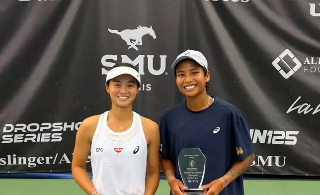 Star tennis athlete Cody Wong (left), who enrolled at Lingnan University in the 2023/24 academic year, partners with a Thai teammate to win the doubles title at the W35 Dallas, TX tournament of the ITF Women's World Tennis Tour in mid-July. Photo source: Lingnan University