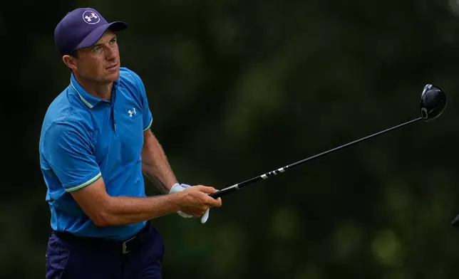 Jordan Spieth watches his tee shot on the seventh hole during the third round of the St. Jude Championship golf tournament Saturday, Aug. 15, 2026, in Memphis, Tenn. (AP Photo/George Walker IV)