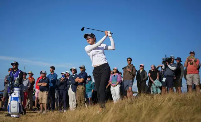 Yealimi Noh, of the Unites States, plays a shot on the 15th hole during the third round of the Women's British Open golf championship in Lytham St Annes, England, Saturday, Aug. 1, 2026. (AP Photo/Jon Super)