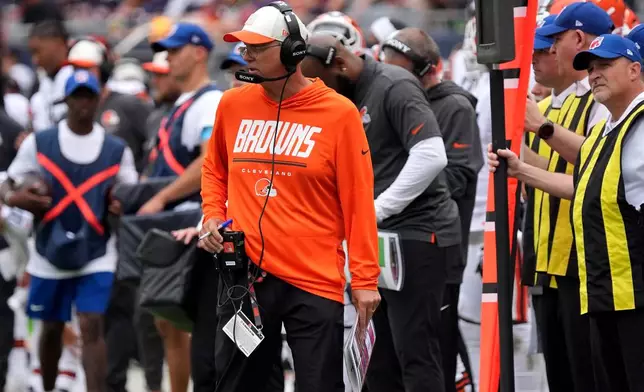 Cleveland Browns head coach Todd Monken looks on during the first half of a preseason NFL football game, Saturday, Aug. 15, 2026, in Chicago. (AP Photo/David Banks)