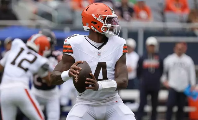 Cleveland Browns quarterback Deshaun Watson (4) passes during the first half of a preseason NFL football game, Saturday, Aug. 15, 2026, in Chicago. (AP Photo/David Banks)