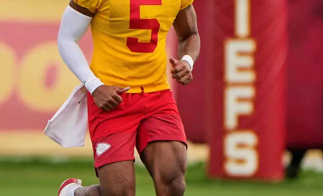 Kansas City Chiefs cornerback Mansoor Delane runs during NFL football training camp Saturday, Aug. 1, 2026, in St. Joseph, Mo. (AP Photo/Charlie Riedel)