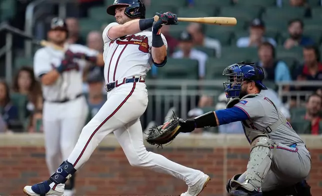 Atlanta Braves' Lane Thomas (20) hits a solo homerun against the New York Mets in the second inning of a baseball game, Wednesday, Aug. 12, 2026, in Atlanta. (AP Photo/Mike Stewart)