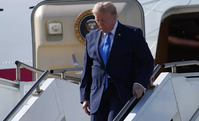President Donald Trump arrives on Air Force One, Tuesday, Aug. 4, 2026, at Los Angeles International Airport in Los Angeles. (AP Photo/Mark Schiefelbein)