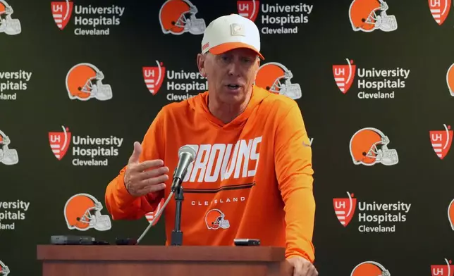 Cleveland Browns head coach Todd Monken speaks in a press conference after a preseason NFL football game, Saturday, Aug. 15, 2026, in Chicago. (AP Photo/David Banks)