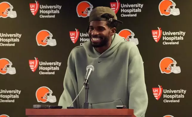 Cleveland Browns quarterback Shedeur Sanders (2) speaks in a press conference after a preseason NFL football game, Saturday, Aug. 15, 2026, in Chicago. (AP Photo/David Banks)