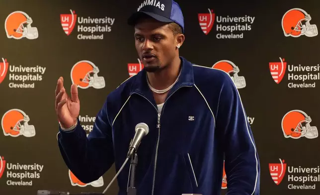 Cleveland Browns quarterback Deshaun Watson (4) speaks in a press conference after a preseason NFL football game, Saturday, Aug. 15, 2026, in Chicago. (AP Photo/David Banks)