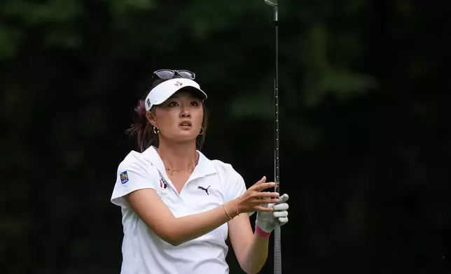 Canada's Michelle Xing, of Richmond Hill, Ont., watches her tee shot on the seventh hole during the first round at the CPKC Canadian Women's Open LPGA golf tournament, in Edmonton, Alberta, on Thursday, Aug. 20, 2026. (Darryl Dyck/The Canadian Press via AP)
