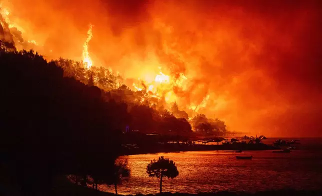 A wildfire approaches a beach on the Adriatic coast near Omis, southern Croatia, early Friday, Aug. 14, 2026. (AP Photo/Tom Dubravec)