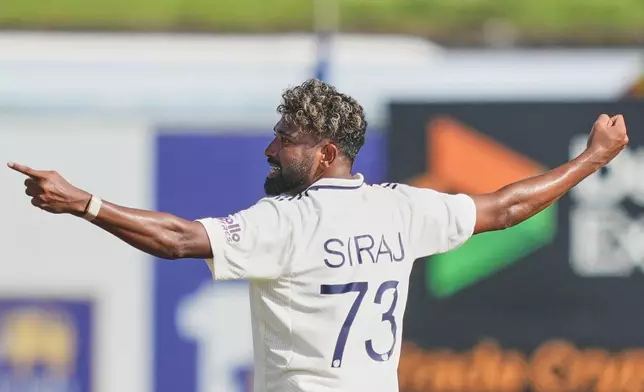 India's Mohammed Siraj celebrates the dismissal of Sri Lanka's Nishan Madushka during the day four of the first cricket test match between Sri Lanka and India in Galle, Sri Lanka, Tuesday, Aug. 18, 2026. (AP Photo/Eranga Jayawardena)