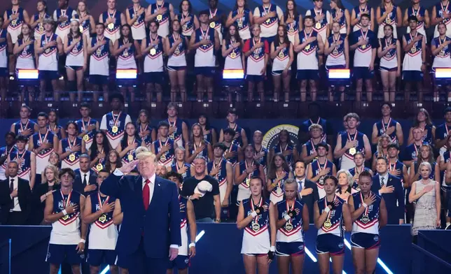 President Donald Trump attends the Patriot Games at Spire Academy in Geneva, Ohio, Tuesday, Aug. 11, 2026. (AP Photo/Mark Schiefelbein)