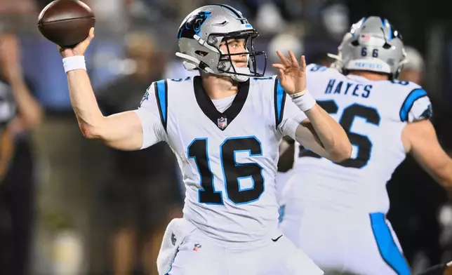 Carolina Panthers quarterback Haynes King (16) passes in the second half of the Pro Football Hall of Fame NFL preseason game against the Arizona Cardinals in Canton, Ohio, Thursday, Aug. 6, 2026. (AP Photo/David Richard)