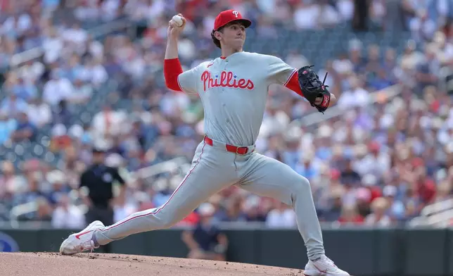 Philadelphia Phillies starting pitcher Andrew Painter delivers during the first inning of a baseball game against the Minnesota Twins, Sunday, Aug. 16, 2026, in Minneapolis. (AP Photo/Bailey Hillesheim)