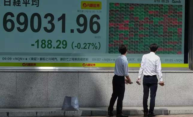 People look at an electronic stock chart board showing Japan's Nikkei index at a securities firm Tuesday, Aug. 18, 2026, in Tokyo. (AP Photo/Eugene Hoshiko)