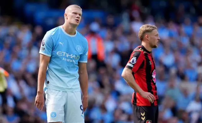 Manchester City's Erling Haaland shows his frustration during the English Premier League soccer match between Manchester City and Bournemouth in Manchester, Sunday Aug. 23, 2026. (Nick Potts/PA via AP)