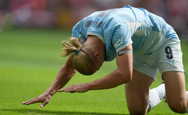 Manchester City's Erling Haaland reacts during the FA Community Shield final soccer match between Arsenal and Manchester City in Cardiff, Wales, Sunday, Aug.16, 2026. (AP Photo/Alastair Grant)