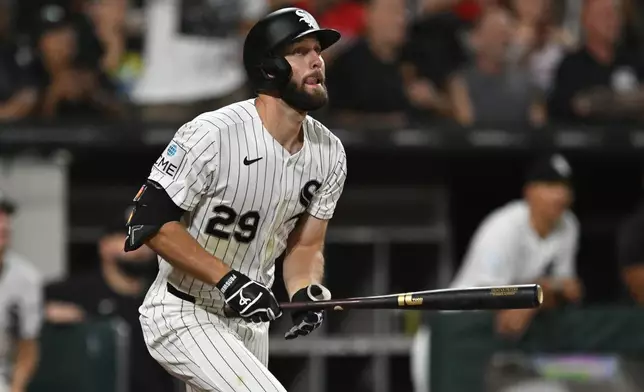 Chicago White Sox's Tristan Peters watches his two-run home during the fifth inning of a baseball game against the Texas Rangers in Chicago, Wednesday, Aug. 26, 2026. (AP Photo/Paul Beaty)