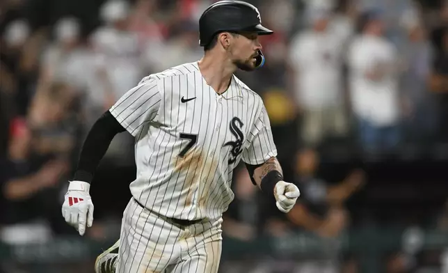 Chicago White Sox's Brenton Doyle watches his three-run home run during the sixth inning of a baseball game against the Texas Rangers in Chicago, Wednesday, Aug. 26, 2026. (AP Photo/Paul Beaty)