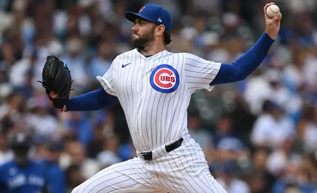 Chicago Cubs starter David Peterson delivers a pitch during the first inning of a baseball game against the Toronto Blue Jays in Chicago, Thursday, Aug. 6, 2026. (AP Photo/Paul Beaty)