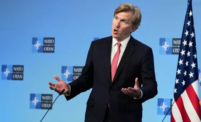 United States Undersecretary of Defense Elbridge Colby addresses the media at NATO headquarters in Brussels, Thursday, Aug. 27, 2026. (AP Photo/Virginia Mayo)