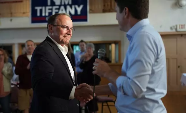 Republican gubernatorial candidate Tom Tiffany, left, shakes hands with Bryan Steil, the U.S. Representative for Wisconsin's 1st congressional district during a campaign event, Wednesday, July 29, 2026, in Kenosha, WI. (AP Photo/Nam Y. Huh)