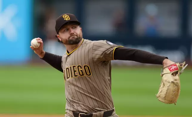 San Diego Padres' Casey Mize pitches in the first inning of a baseball game against the Cleveland Guardians in Cleveland, Sunday, Aug. 16, 2026. (AP Photo/Tim Phillis)