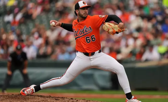 Baltimore Orioles pitcher Anthony Nunez (66) delivers during the fourth inning of a baseball game against the Philadelphia Phillies, Sunday, Aug. 2, 2026, in Baltimore. (AP Photo/Stephanie Scarbrough)