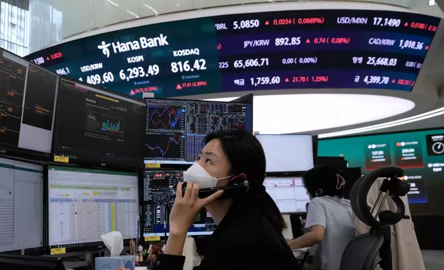 A currency trader talks on the phone at the foreign exchange dealing room of the Hana Bank headquarters in Seoul, South Korea, Monday, Aug. 10, 2026. (AP Photo/Ahn Young-joon)