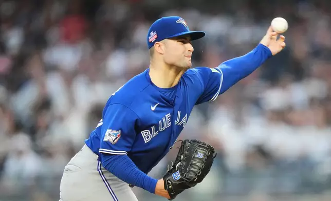 Toronto Blue Jays' Mason Fluharty pitches during the first inning of a baseball game against the New York Yankees Friday, Aug. 21, 2026, in New York. (AP Photo/Frank Franklin II)