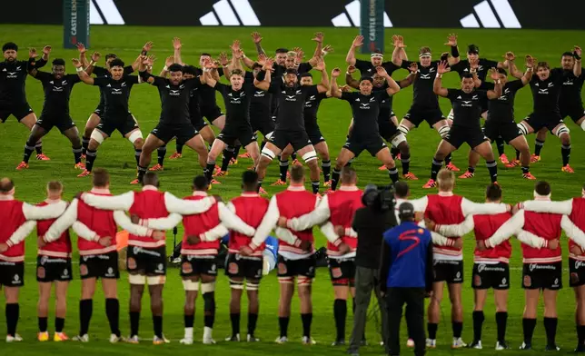 New Zealand's players perform the Haka during an international friendly rugby match between Lions and New Zealand, in Johannesburg, South Africa, Tuesday, Aug. 25, 2026. (AP Photo/Themba Hadebe)