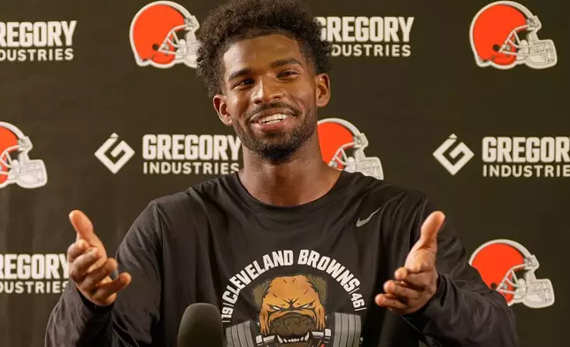Cleveland Browns' Shedeur Sanders speaks to the media during an NFL football training camp, Saturday, Aug. 1, 2026, in Berea, Ohio. (AP Photo/Sue Ogrocki)