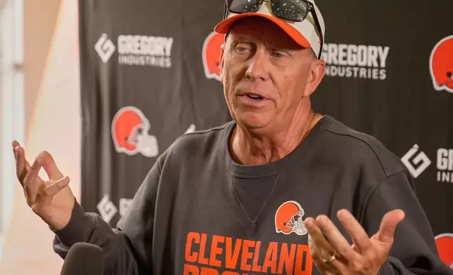 Cleveland Browns head coach Todd Monken speaks to the media during an NFL football training camp, Saturday, Aug. 1, 2026, in Berea, Ohio. (AP Photo/Sue Ogrocki)
