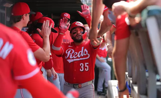 Cincinnati Reds' Jose Trevino celebrates his home run in the dugout during the sixth inning of a baseball game against the Chicago Cubs, Friday, Aug. 28, 2026, in Chicago. (AP Photo/Melissa Tamez)