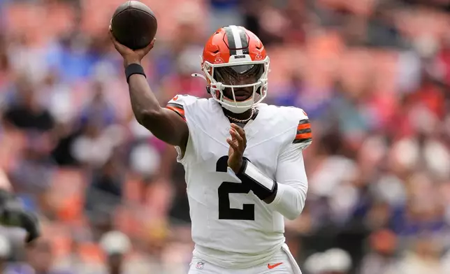 Cleveland Browns quarterback Shedeur Sanders throws during the first half of an NFL preseason football game against the Buffalo Bills, Saturday, Aug. 22, 2026, in Cleveland. (AP Photo/Carolyn Kaster)