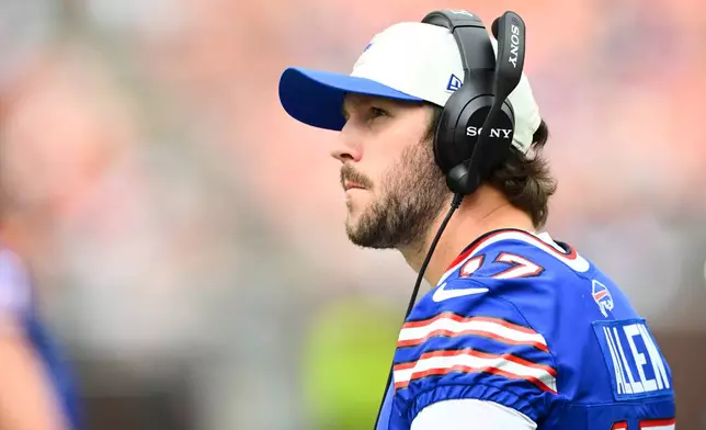 Buffalo Bills quarterback Josh Allen walks on the sideline during the first half of an NFL preseason football game against the Cleveland Browns, Saturday, Aug. 22, 2026, in Cleveland. (AP Photo/David Richard)
