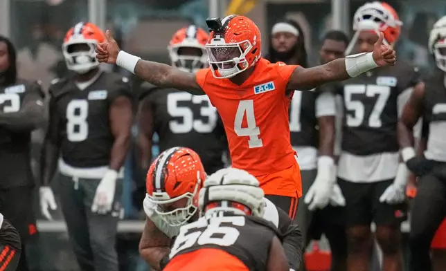 Cleveland Browns quarterback Deshaun Watson (4) during the team's NFL football training camp, Monday, Aug. 10, 2026, in Berea, Ohio. (AP Photo/Sue Ogrocki)