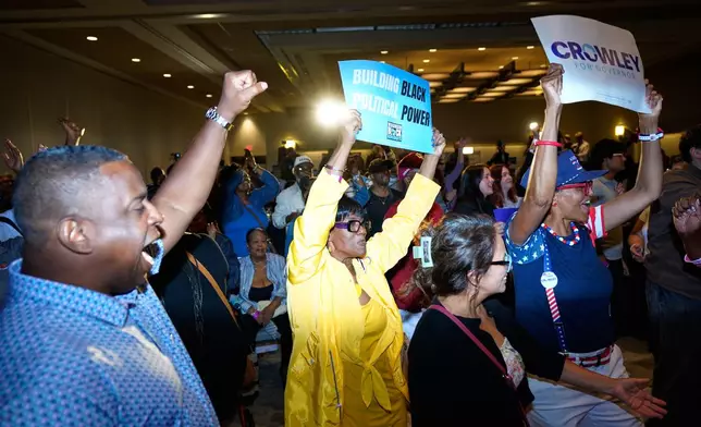 Supporters react to election results coming in during a primary election night watch party for Democratic gubernatorial candidate David Crowley, Tuesday, Aug. 11, 2026, in Milwaukee, Wis. (AP Photo/Kayla Wolf)