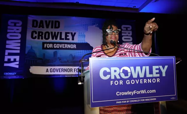Rep. Gwen Moore, D-Wis., speaks during a primary election night watch party for Democratic gubernatorial candidate David Crowley, Wednesday, Aug. 12, 2026, in Milwaukee, Wis. (AP Photo/Kayla Wolf)