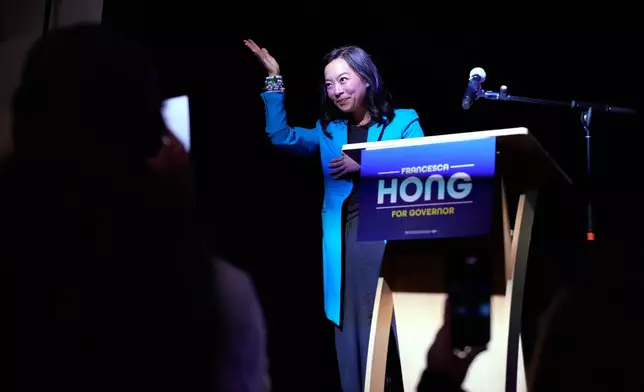 Democratic gubernatorial candidate Francesca Hong gestures after speaking during a primary election night watch party Tuesday, Aug. 11, 2026, in Madison, Wis. (AP Photo/Nam Y. Huh)