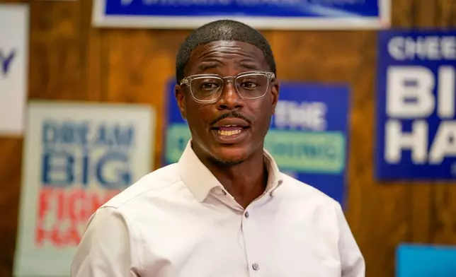 David Crowley, Democratic candidate for Wisconsin governor speaks to supporters gathered at the Sheboygan County Democratic Party office during a campaign stop Friday, Aug. 7, 2026, in Sheboygan, Wis. (AP Photo/Kayla Wolf)
