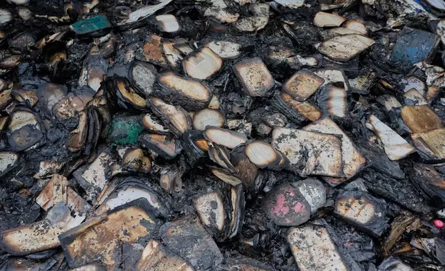 Burned books are seen after the fire on the site of the country's biggest book market, cased by Russia's recent missile attack in Kyiv, Ukraine, Wednesday, Aug.19, 2026. (AP Photo/Efrem Lukatsky)