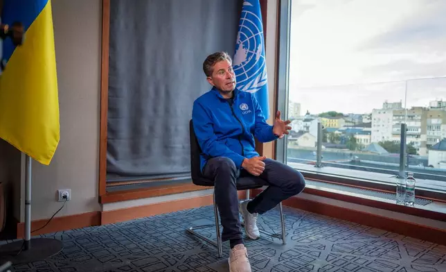 Tom Fletcher, United Nations Under-Secretary-General for Humanitarian Affairs and Emergency Relief Coordinator, speaks during an interview in Kyiv, Ukraine, Wednesday, Aug. 19, 2026. (AP Photo/Dan Bashakov)