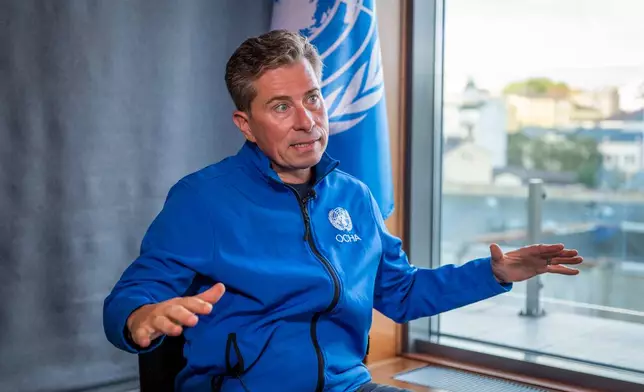 Tom Fletcher, United Nations Under-Secretary-General for Humanitarian Affairs and Emergency Relief Coordinator, speaks during an interview in Kyiv, Ukraine, Wednesday, Aug. 19, 2026. (AP Photo/Dan Bashakov)
