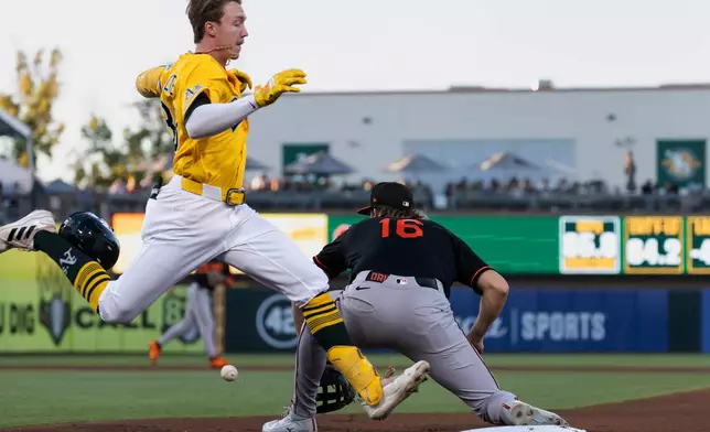 Baltimore Orioles first baseman Coby Mayo (16) puts out Athletics' Henry Bolte, left, during the second inning of a baseball game Saturday, Aug. 29, 2026, in West Sacramento, Calif. (AP Photo/Sara Nevis)