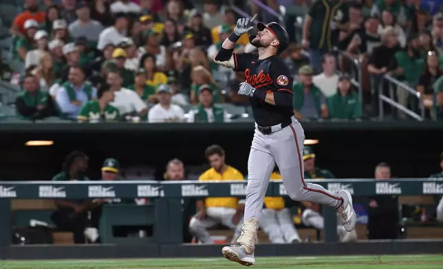 Baltimore Orioles' Colton Cowser runs the bases after hitting a home run during the fifth inning of a baseball game against the Athletics, Saturday, Aug. 29, 2026, in West Sacramento, Calif. (AP Photo/Sara Nevis)