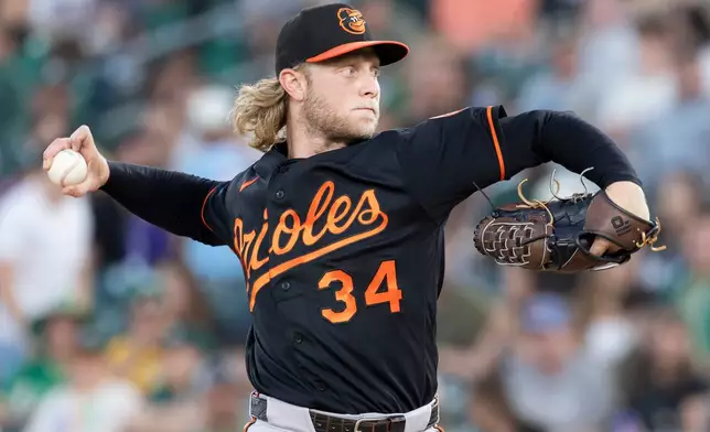 Baltimore Orioles pitcher Shane Baz throws to the Athletics during the second inning of a baseball game Saturday, Aug. 29, 2026, in West Sacramento, Calif. (AP Photo/Sara Nevis)