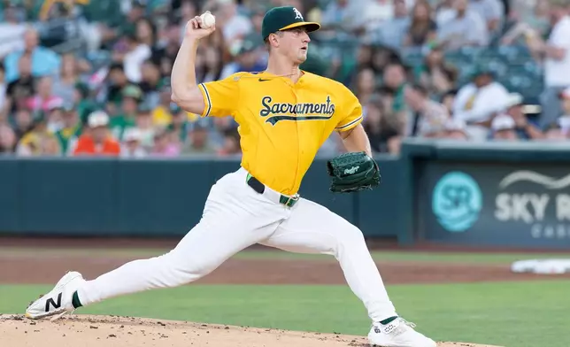 Athletics pitcher Jack Perkins throws to the Baltimore Orioles during the second inning of a baseball game Saturday, Aug. 29, 2026, in West Sacramento, Calif. (AP Photo/Sara Nevis)