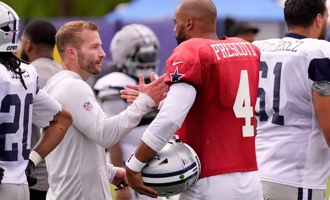 Los Angeles Rams head coach Sean McVay, left, greets Dallas Cowboys quarterback Dak Prescott during an NFL football joint practice, Tuesday, Aug. 11, 2026, in Los Angeles. (AP Photo/Mark J. Terrill)